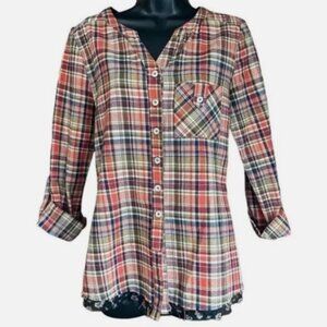 NEW Soft Flannel Front & Sheer Floral Back Sz Small Raw Hem Button Up Shirt